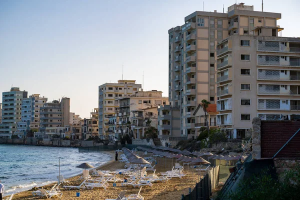 Stock image Abandoned buildings in the ghost town Varosha (Kapali Maras) district from Palm Beach. Famagusta (Gazimagusa), Northern Cyprus - November 8 2023.