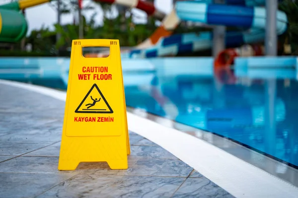 Caution Wet Floor Warning Sign Swimming Pool Hotel Stock Image