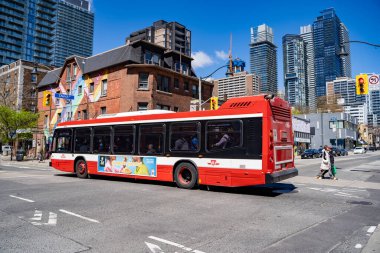 Toronto 'da Church Caddesi' ndeki TTC otobüsü. Toronto, Kanada - 30 Nisan 2024.