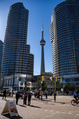 Harbourfront mahallesindeki gökdelenlerin arasında CN Kulesi. Toronto, Kanada - 30 Nisan 2024.