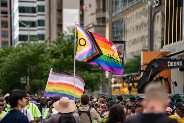 stock image The rainbow flag at the 2024 Annual Pride Parade in Downtown Toronto. Toronto, Canada - Jun 30, 2024.
