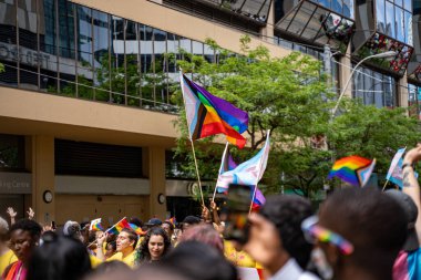 Toronto şehir merkezindeki 2024 Yıllık Onur Yürüyüşü 'nde gökkuşağı bayrağı. Toronto, Kanada - 30 Haziran 2024.