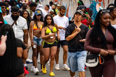 Renkli kostümler giymiş maskeli ve dansçılar Toronto Karayipler Karnavalı 'na katılıyor. Toronto, Kanada - 3 Ağustos 2024.