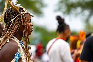 Renkli kostümler giymiş maskeli ve dansçılar Toronto Karayipler Karnavalı 'na katılıyor. Toronto, Kanada - 3 Ağustos 2024.