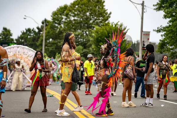 Renkli kostümler giymiş maskeli ve dansçılar Toronto Karayipler Karnavalı 'na katılıyor. Toronto, Kanada - 3 Ağustos 2024.