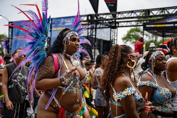 stock image Masqueraders take part in the Toronto Caribbean Carnival Grand Parade at Exhibition Place. Toronto, Canada - August 3, 2024.