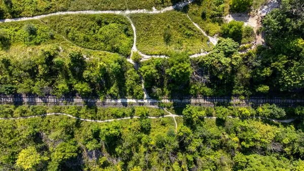 stock image Aerial view of Evergreen Brick Works in the Don Valley. Evergreen Brick Works is a former quarry and industrial site. It is converted into a city park.