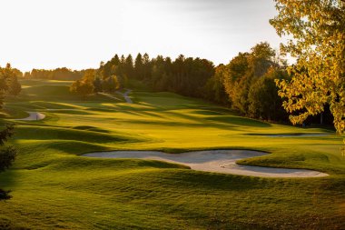 Gün batımında golf sahasının manzarası. Golf sahası çimenliği.