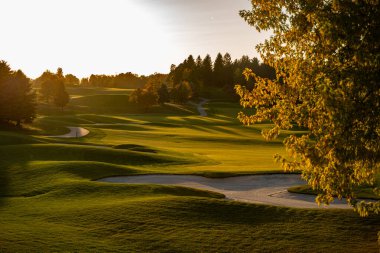 Gün batımında golf sahasının manzarası. Golf sahası çimenliği.