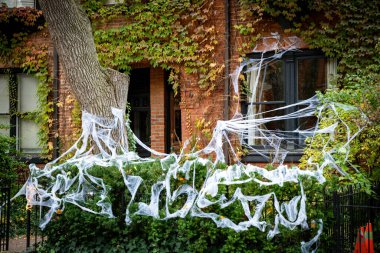 Cadılar Bayramı süslemeleri evin girişindeki avluda örümcek ağlarıyla.