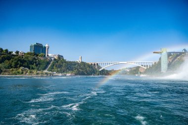 View of Niagara Falls Observation Tower and Rainbow Bridge from the Niagara River with a rainbow. clipart