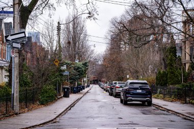 Cabbagetown mahallesindeki cadde manzarası. Toronto, Kanada - 11 Aralık 2024.