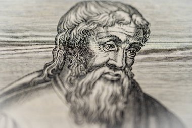 Strabo 'nun bir tarih kitabındaki portresi. Toronto, Kanada - 29 Ocak 2025.