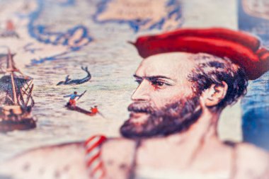 Jacques Cartier 'in bir tarih kitabındaki portresi. Toronto, Kanada - 29 Ocak 2025.