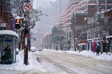 Toronto şehir merkezinin kış fırtınası manzarası. Karla kaplı şehir manzarası. Toronto, Kanada - 16 Şubat 2025.