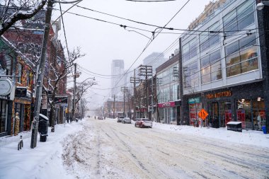 Toronto şehir merkezinin kış fırtınası manzarası. Karla kaplı şehir manzarası. Toronto, Kanada - 16 Şubat 2025.