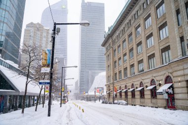 Toronto şehir merkezinin kış fırtınası manzarası. Karla kaplı şehir manzarası. Toronto, Kanada - 16 Şubat 2025.