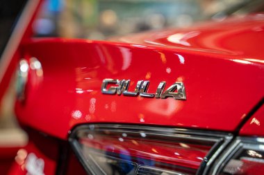 2025 Kanada Uluslararası Otomobil Fuarı 'nda Alfa Romeo Giulia Tributo Italiano otomobili. Toronto, Kanada - 14 Şubat 2025.