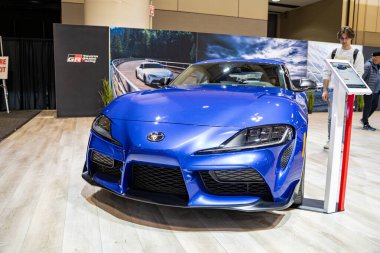 2025 Kanada Uluslararası Otomobil Fuarı 'nda Toyota GR Supra otomobili. Toronto, Kanada - 19 Şubat 2025.