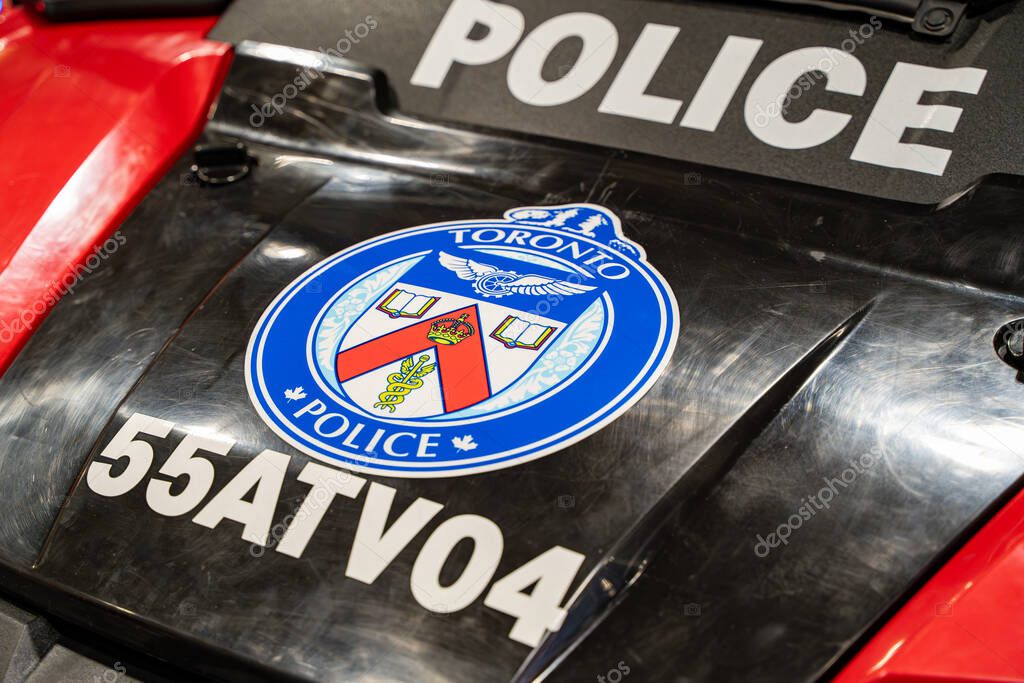 Toronto Police logo on a police ATV. Toronto, Canada - February 19, 2025.