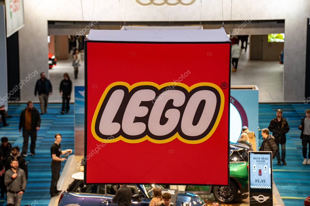 LEGO logo at the 2025 Canadian International AutoShow. Toronto, Canada - February 19, 2025.