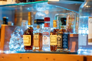 Bir bar rafında çeşitli içki şişeleri. Toronto, Kanada - 8 Şubat 2025.