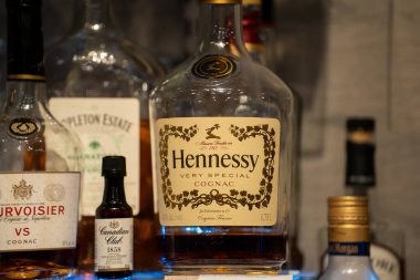 Bir bar rafında çeşitli içki şişeleri. Toronto, Kanada - 8 Şubat 2025.