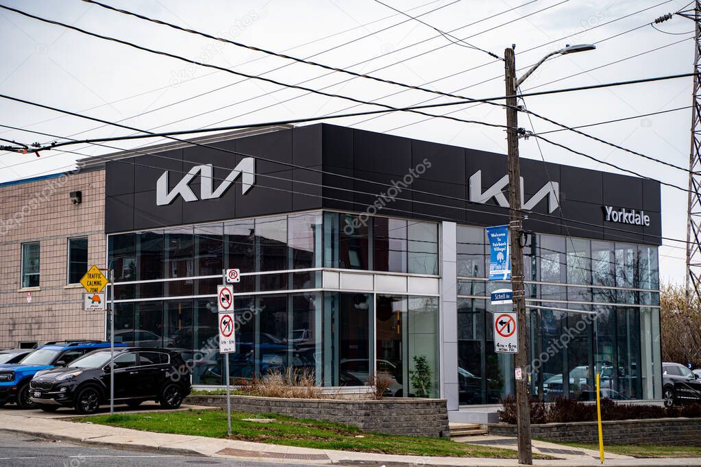 View of Kia car dealership in Toronto. Toronto, Canada - April 25, 2025.