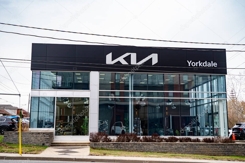 View of Kia car dealership in Toronto. Toronto, Canada - April 25, 2025.