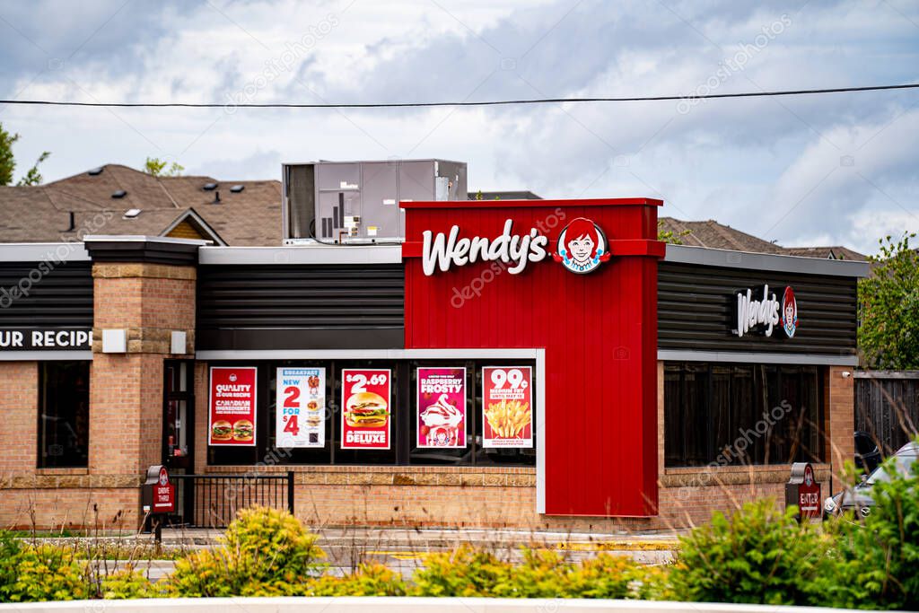 Exterior View of Wendy's Restaurant Branch in Canada. Markham, Canada - May 17, 2025.