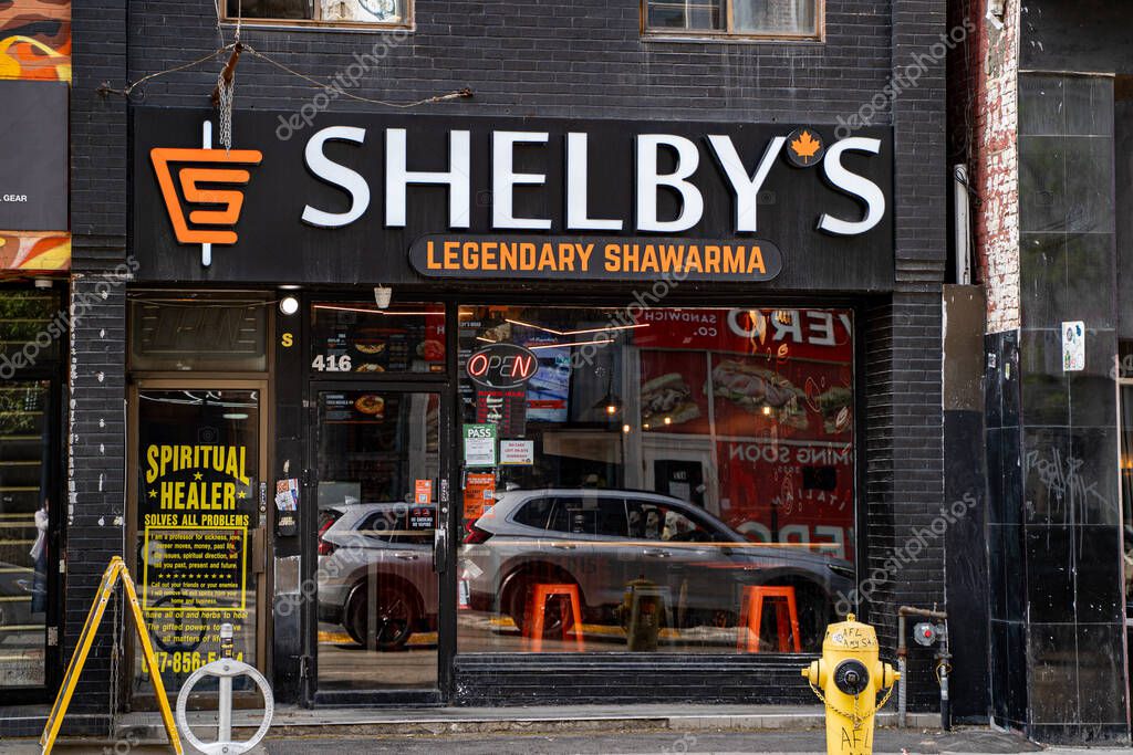 Exterior view of Shelbys Shawarma restaurant in Toronto. Toronto, Canada - June 15, 2025.
