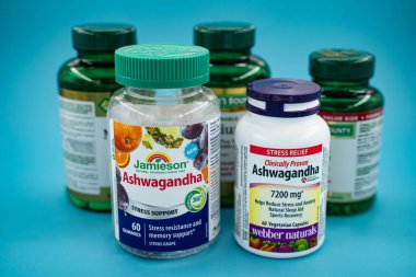 Çeşitli markalardan çeşitli Ashwagandha takviye şişeleri. Toronto, Kanada - 31 Temmuz 2025.