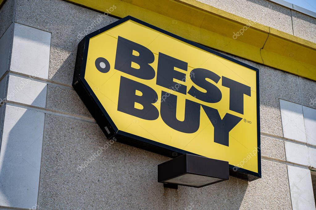 View of Best Buy store sign on building exterior. Toronto, Canada - August 15, 2025.
