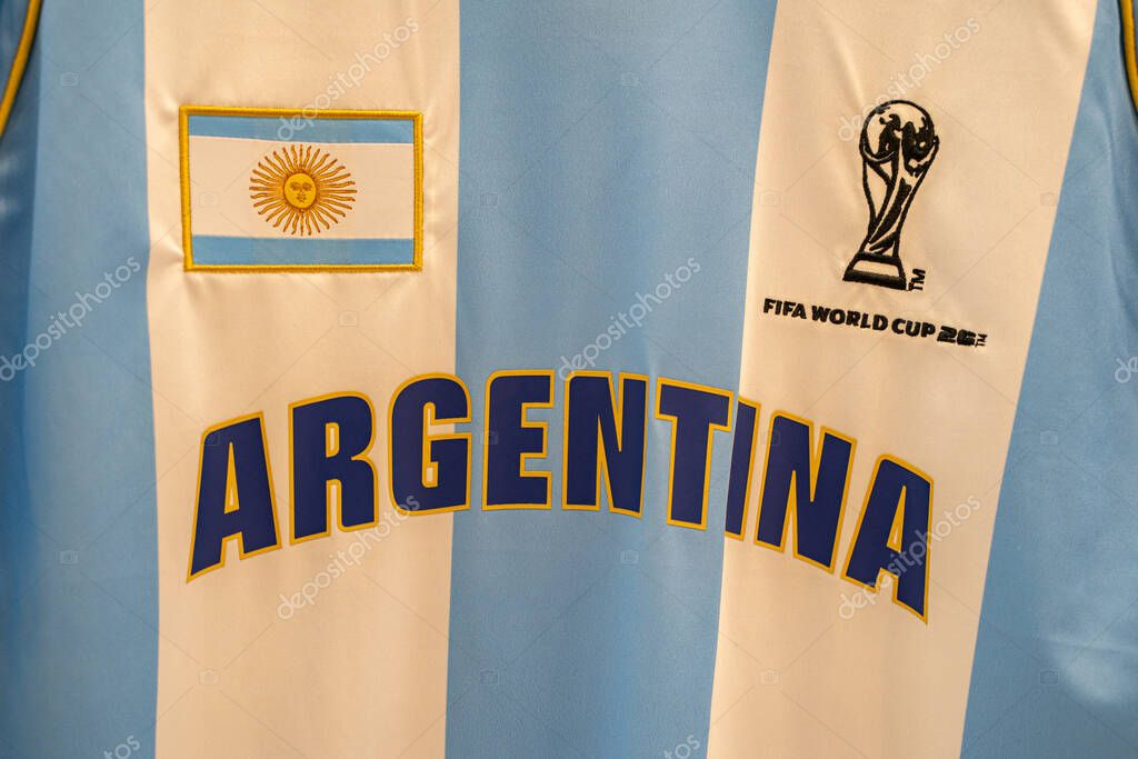 Close up of Argentina FIFA World Cup 2026 soccer jersey with national flag. Toronto, Canada - October 3, 2025.