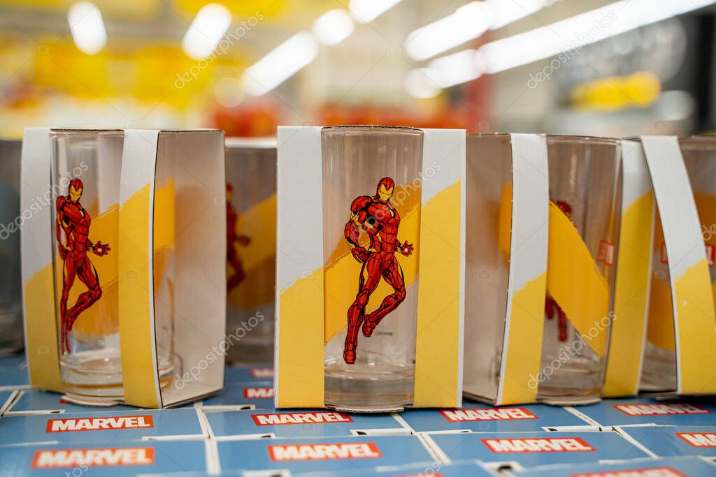 Close up of Marvel Iron Man glassware display. Toronto, Canada - October 3, 2025.