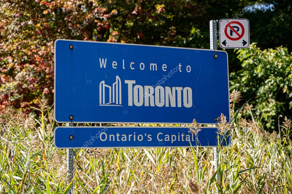 Welcome to Toronto road sign with Ontario's capital text. Toronto, Canada - October 1, 2025.