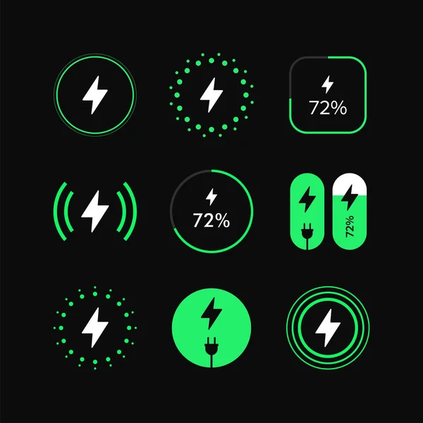 Draadloze Opladen Lightning Batterij Energie Vector Illustratie Set — Stockvector