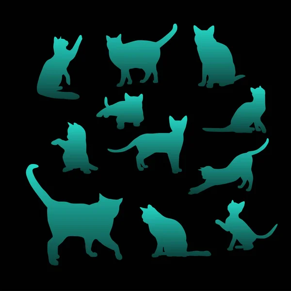 Set Kitty Silhouette Isolate Black Background — Stock Vector