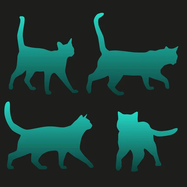 Set Four Cats Silhouettes Isolaed Black Background — Stock Vector