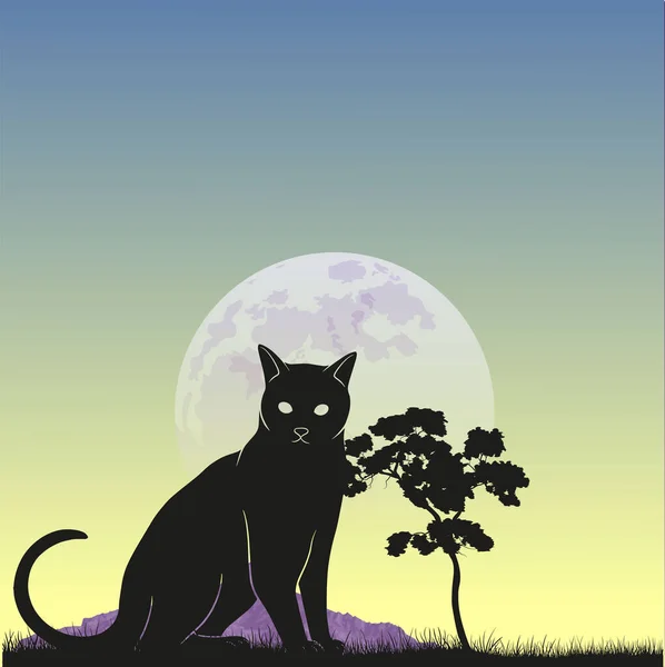 Czarny Kot Siedzi Tle Pełnia Księżyca — Wektor stockowy