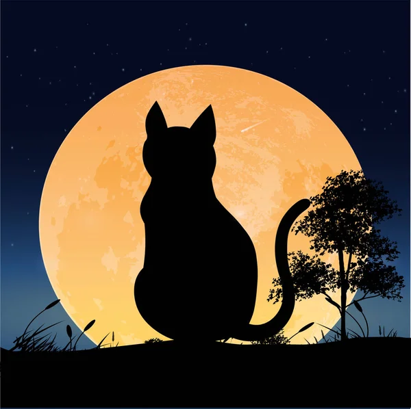 Stock vector Silhouette cat sitting in full moon night