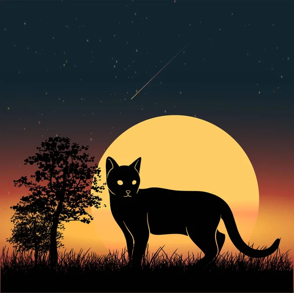 Vector Cat Silhouette Full Moon Night Background — Stock Vector