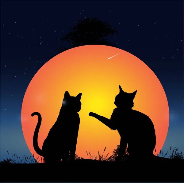 Zwei Katzen Auf Einer Wiese Unter Dem Mond — Stockvektor