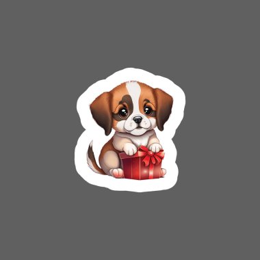 Sticker of puppy valentines with gift box