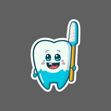 Sticker of cute cartoon tooth with toothbrush