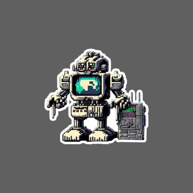 Sticker of cyberpunk robot 16 bit pixel art