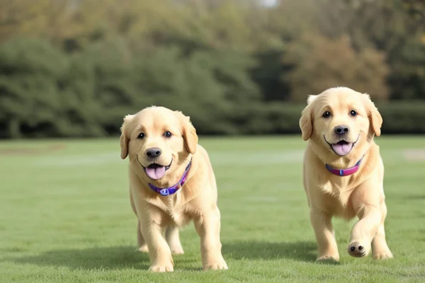 Two golden retriever pure-bred running through the lawn, generative ai