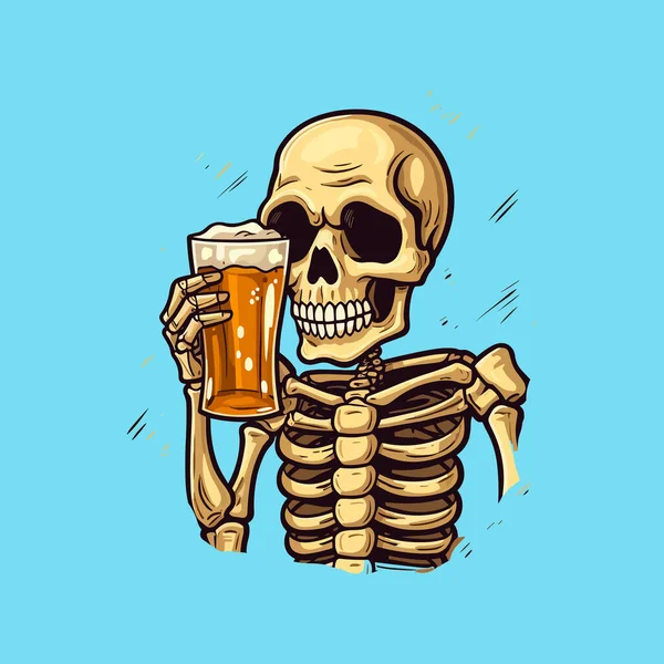 Illustration Skeleton Drinking Beer — Stock Vector