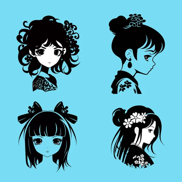 Négy Japán Lány Anime Arc Fekete — Stock Vector