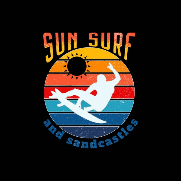 Sol Surfing Och Sandslott Glad Sommar — Stock vektor